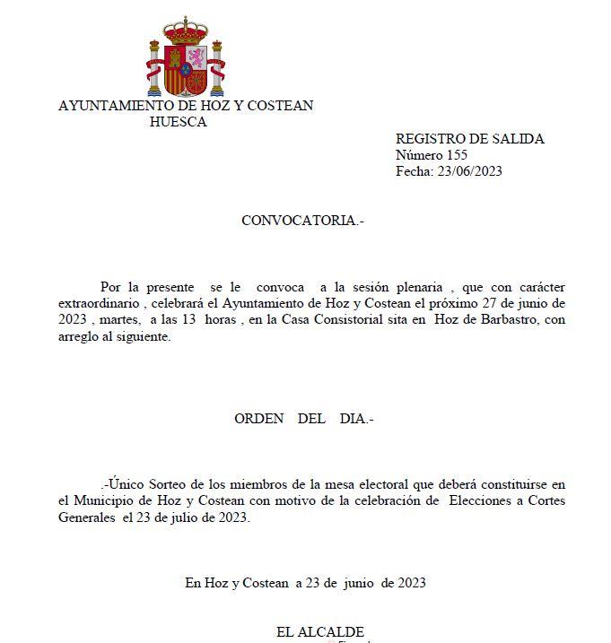 Imagen Pleno extraordinario en Hoz y Costean