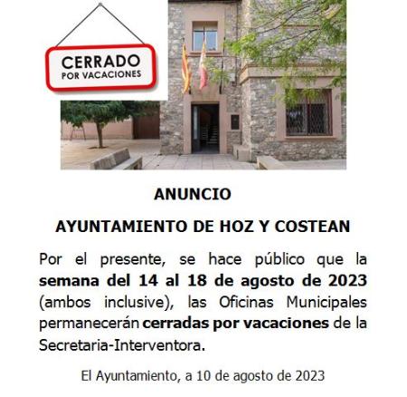 Imagen Ayuntamiento de Hoz cerrado por vacaciones